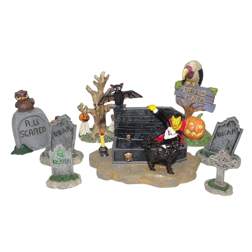 Halloween Graveyard Village Set Vampire Coffin Tombstones Vulture 8 Piece Decor